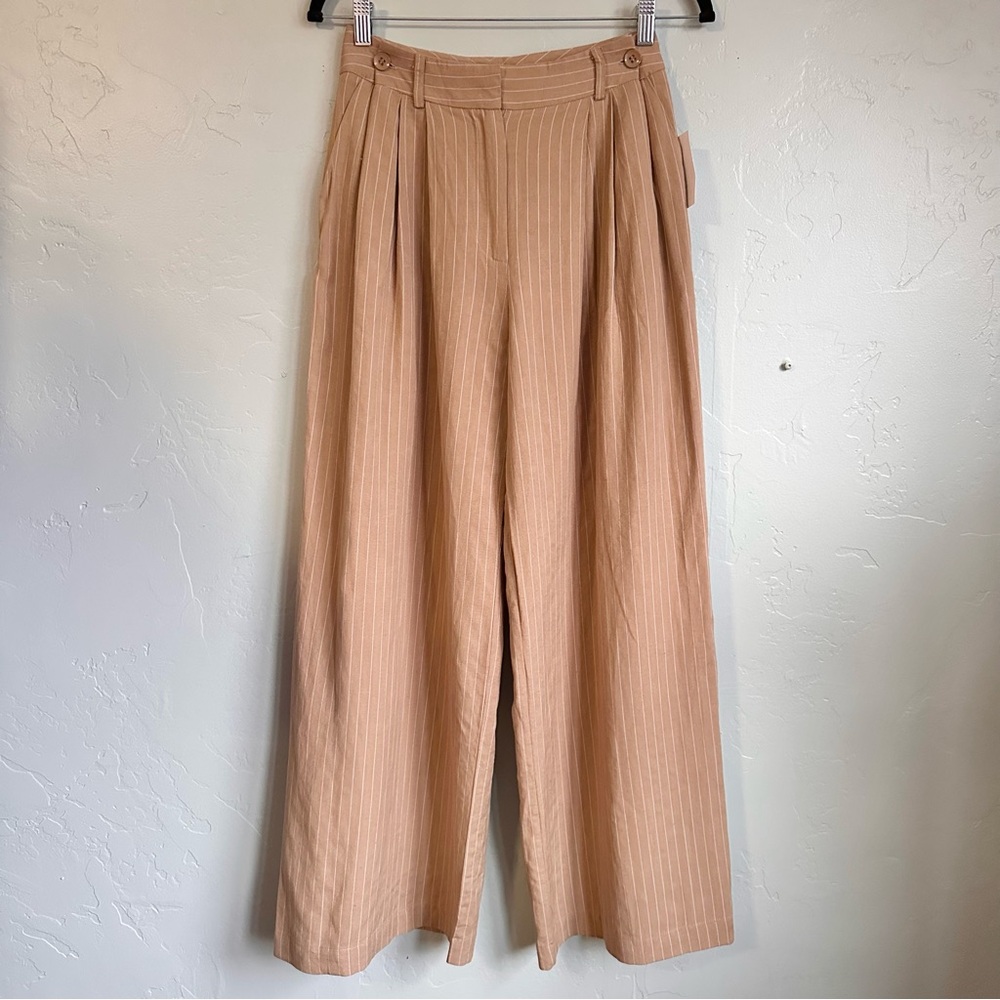 19‎ Cooper Tan Pinstripe Wide-Leg High Waist Work Office Pant Linen Blend XS NWT